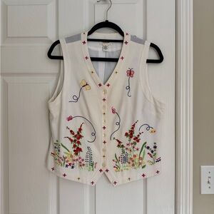 Vintage Talbots embroidered garden cotton linen blend Floral Vest, medium